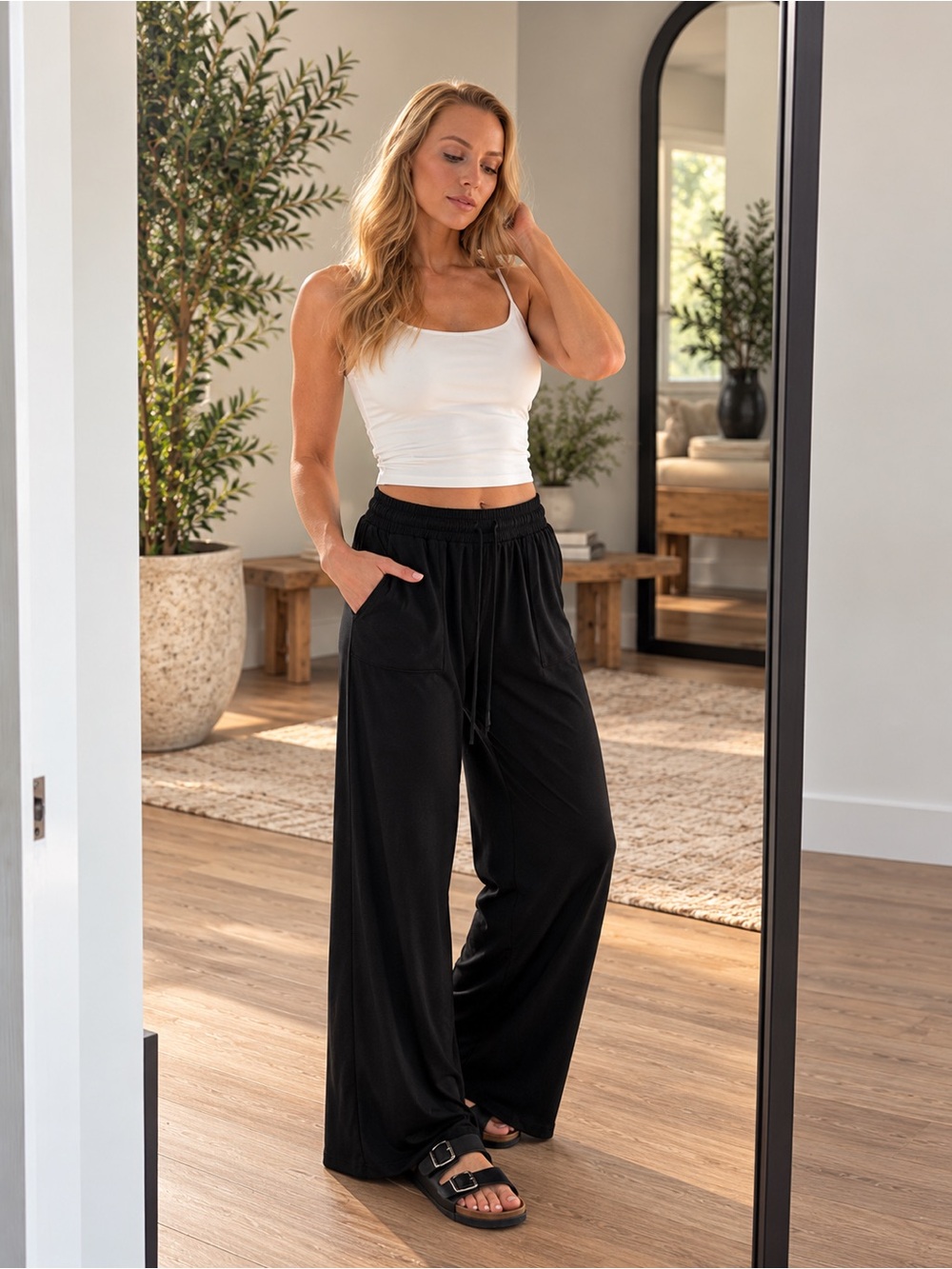 Wide Leg Black Lounge Pants - Women's Comfortable Drawstring Pants